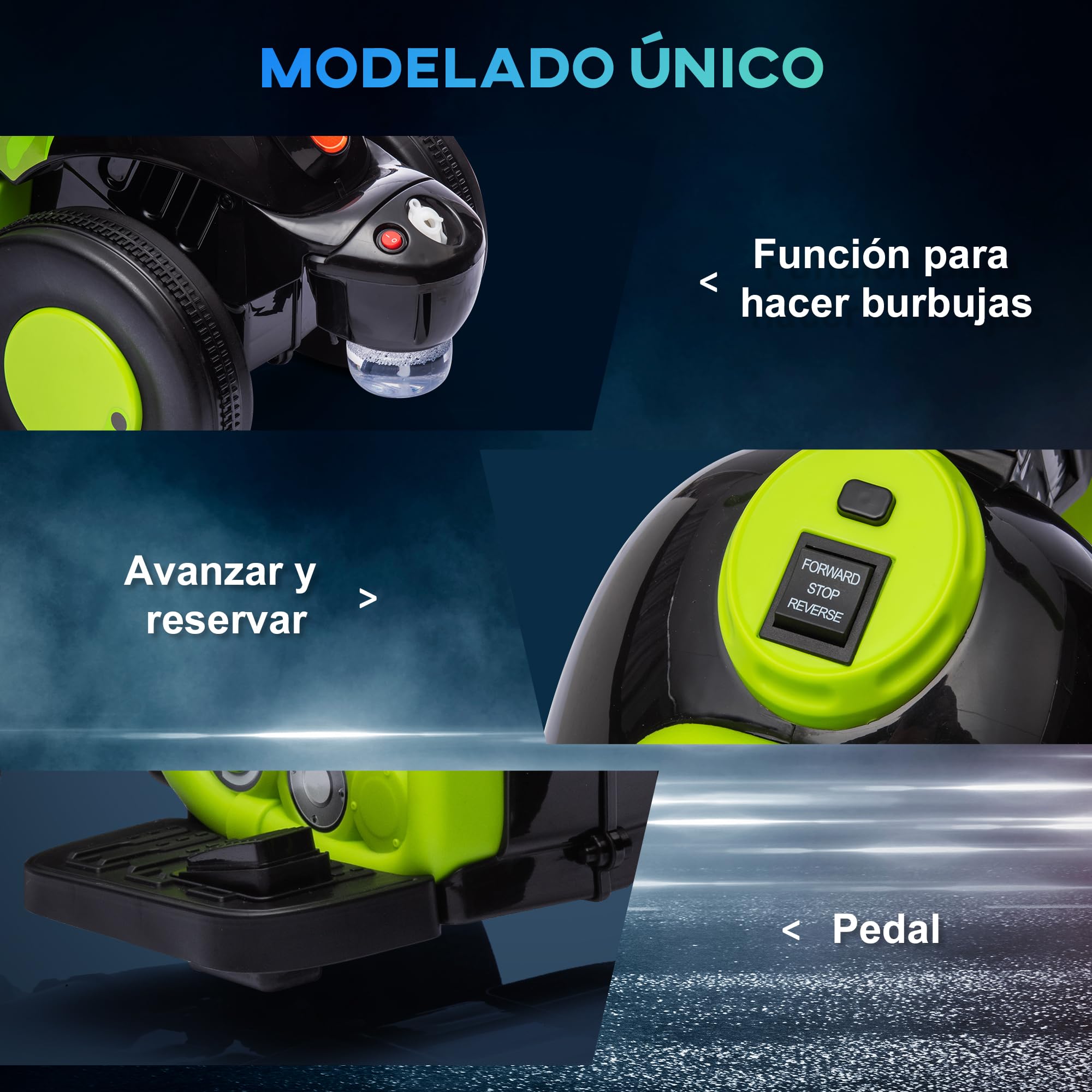 AIYAPLAY Moto Eléctrica para Niños de +2 Años 6V con Burbujas Faros Verde | Moto de Batería para Niños, Música, Velocidad 3 km/h, Carga 30 kg