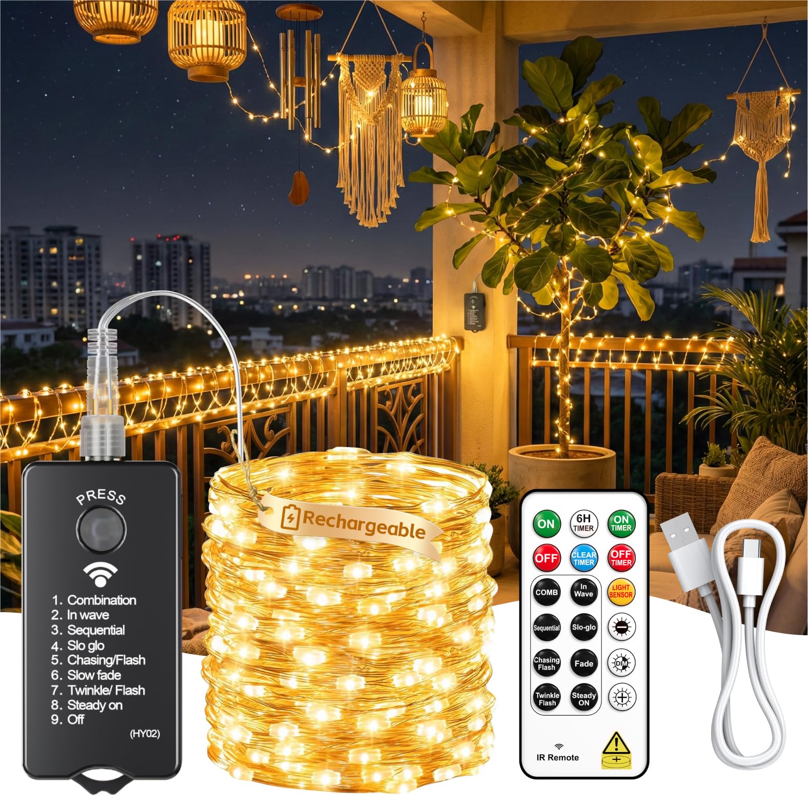 ZSJWL Rechargeable Fairy Lights，66ft 200 LED, Remote & DIY Timer