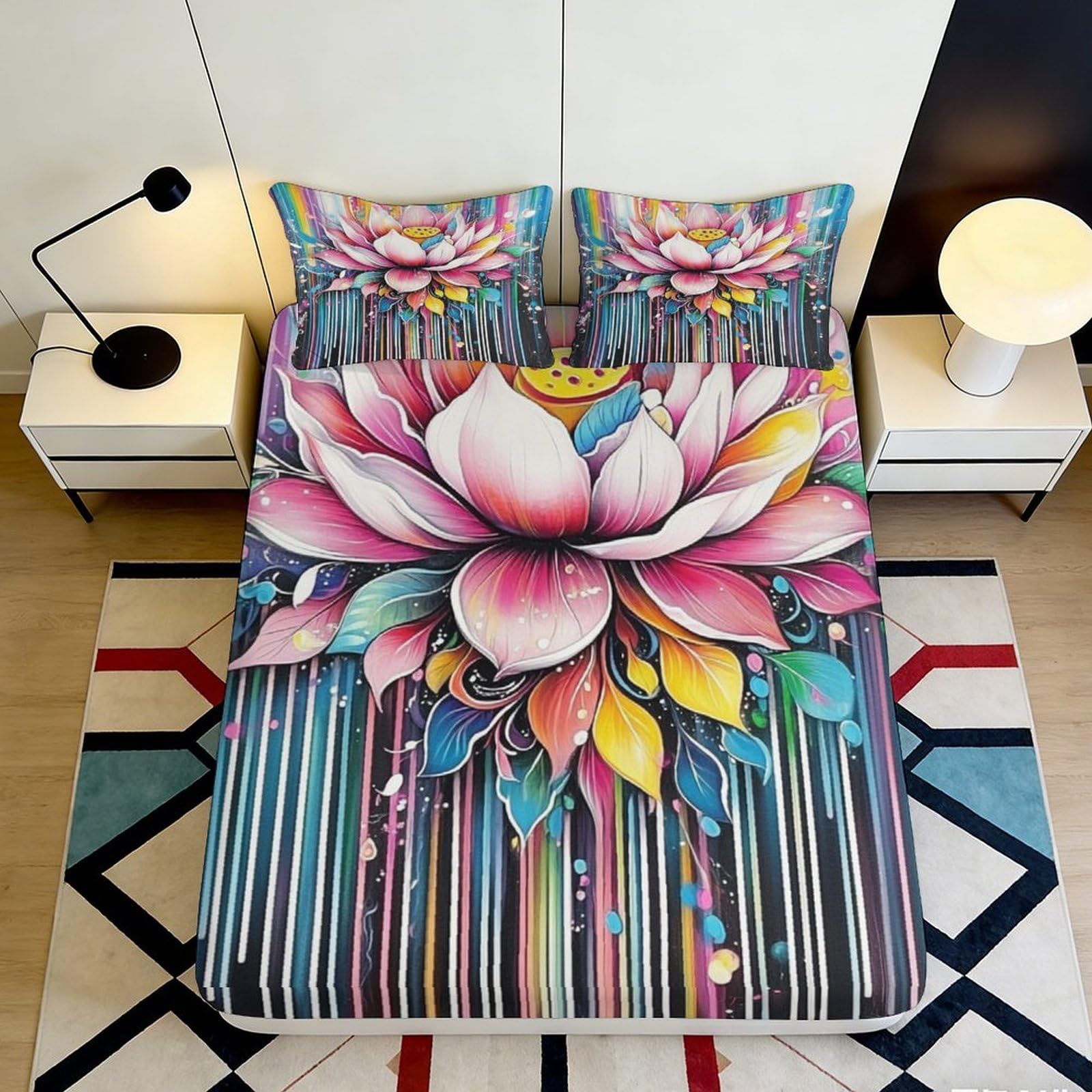 3D Printed Lotus Blossom Fitted Sheet Microfiber Vibrant Watercolor Mattress Cover Anti-Slip Washable for Bedroom Guest Room 90x200x25cm