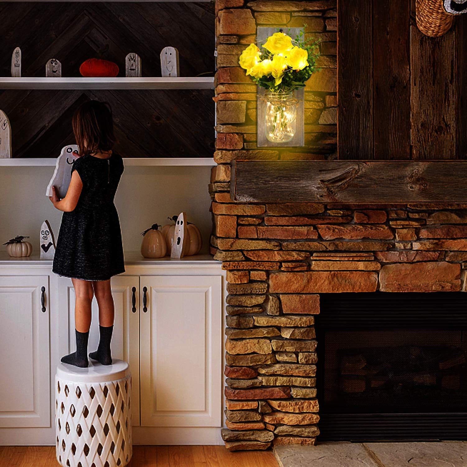 Mason Jar Sconces Wall Decor - Rustic Hanging Handmade Wooden Wall Sconces with Timer Remote Control LED Fairy Lights and Yellow Rose for Living Room Bedroom Farmhouse Kitchen Wall Decor Set of Two