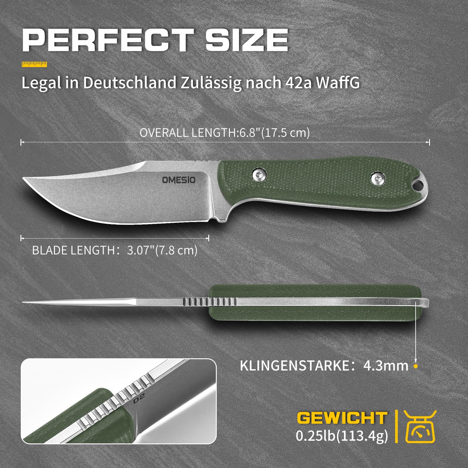 Omesio Couteau EDC D2 7,8 cm Manche Micarta avec Étui Kydex | Livré avec pierre à aiguiser et corde en nylon, idéal pour camping, randonnée et activités de plein air.