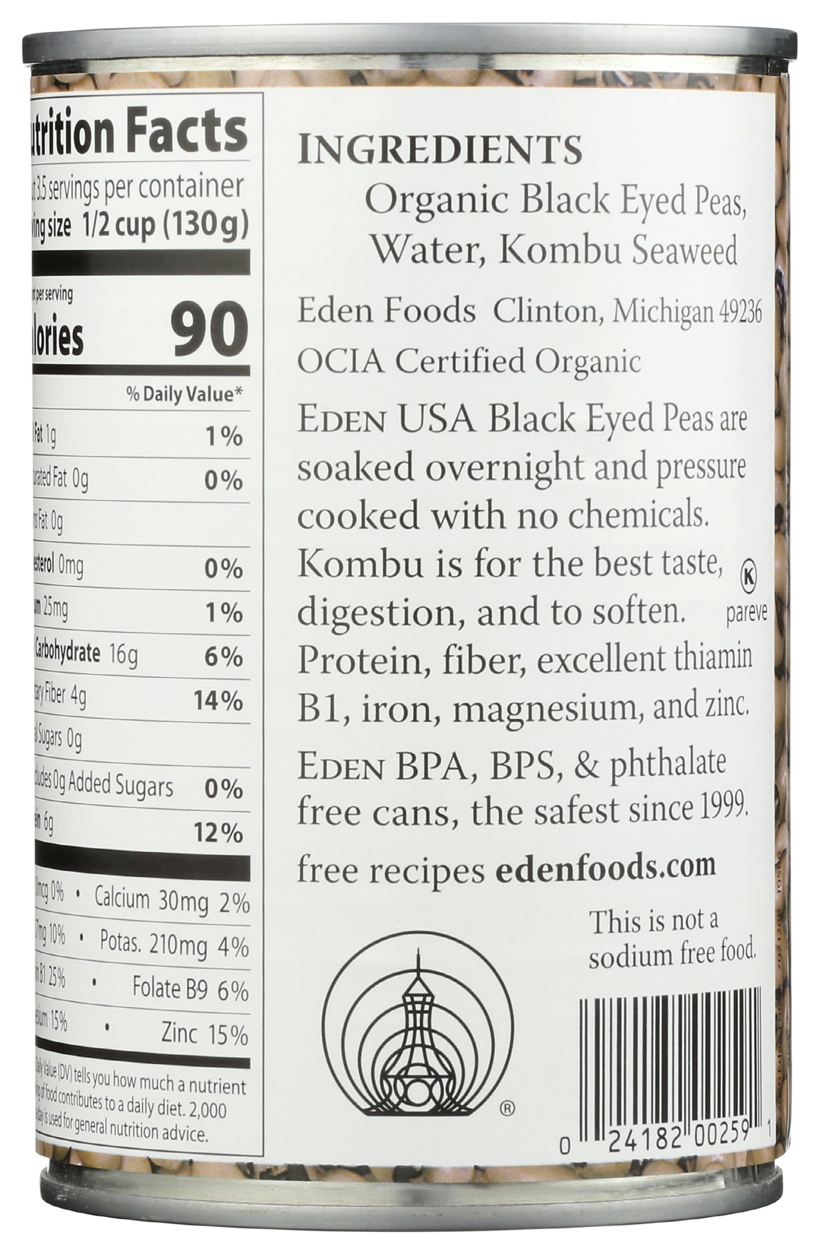 Eden Organic Black Eyed Peas, 15 oz Can, No Salt, Non-GMO, Gluten Free, Vegan, Kosher, U.S. Grown, Heat and Serve, No Preservative, Macrobiotic