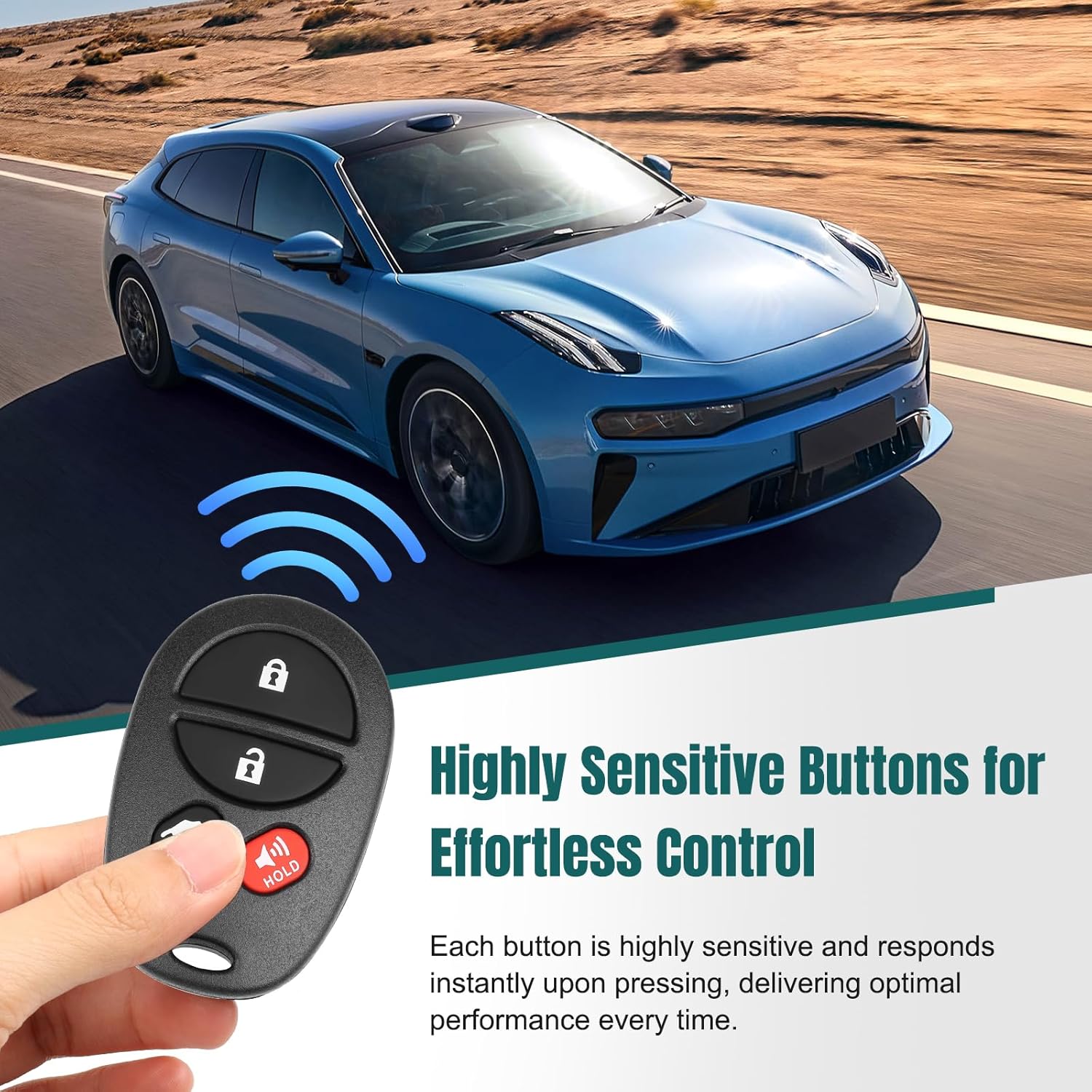 A hand holding a key fob with a blue car in the background, illustrating the remote control's sensitive buttons and effortless control.