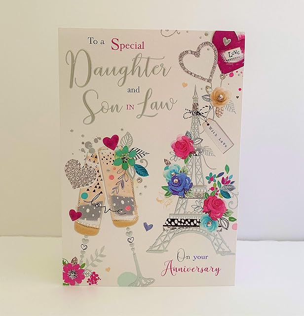 Jonny Javelin Special Daughter and Son in Law Anniversary Card - Champagne Flutes Eiffel Tower Flowers
