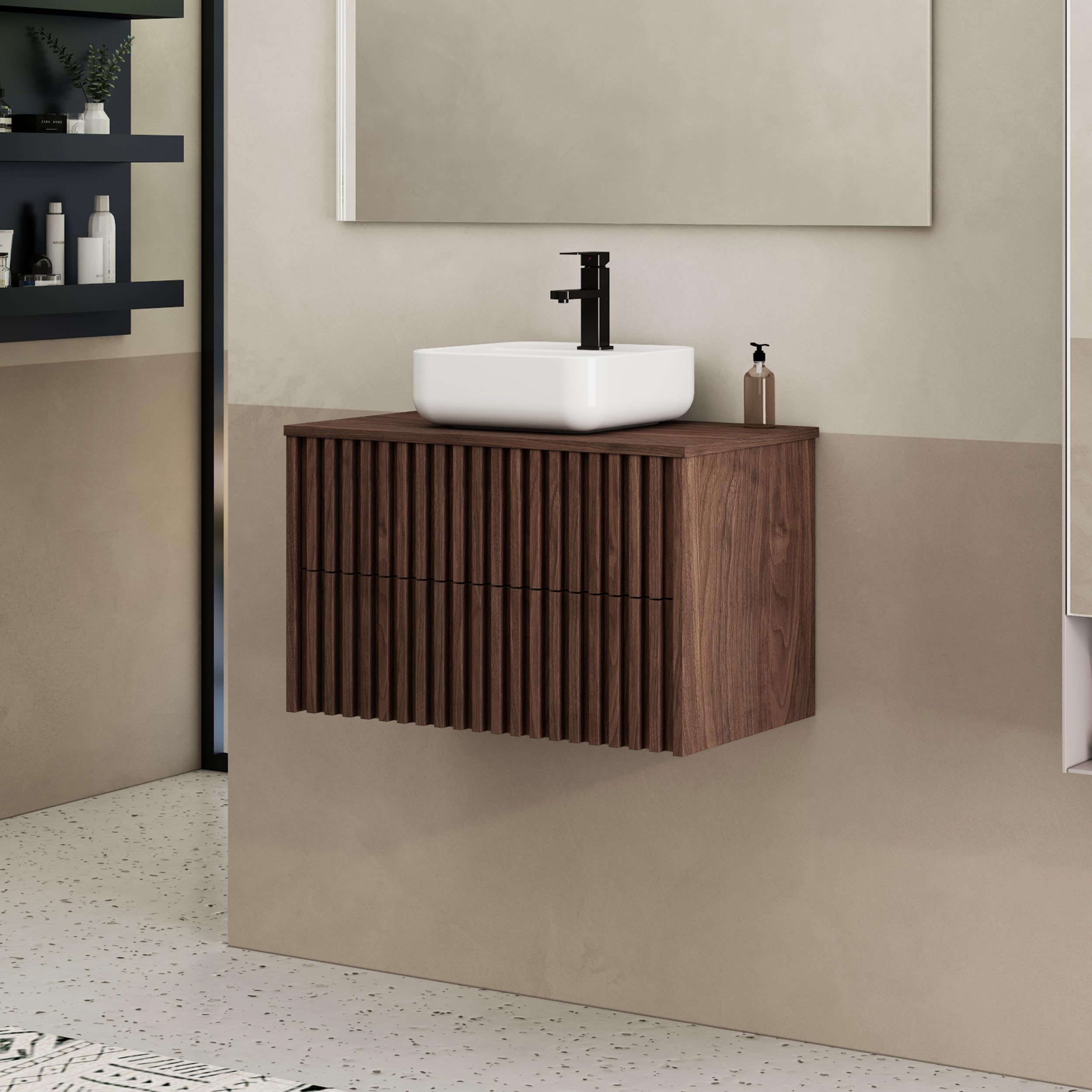 UEV Waschtisch mit Unterschrank, Waschbecken hängend 81cm, Dunkelbraun | Waschbeckenunterschrank, Badmöbel Set, Rechteckiges Keramikwaschbecken, ausreichend Stauraum Platzsparender Badezimmmer Möbel