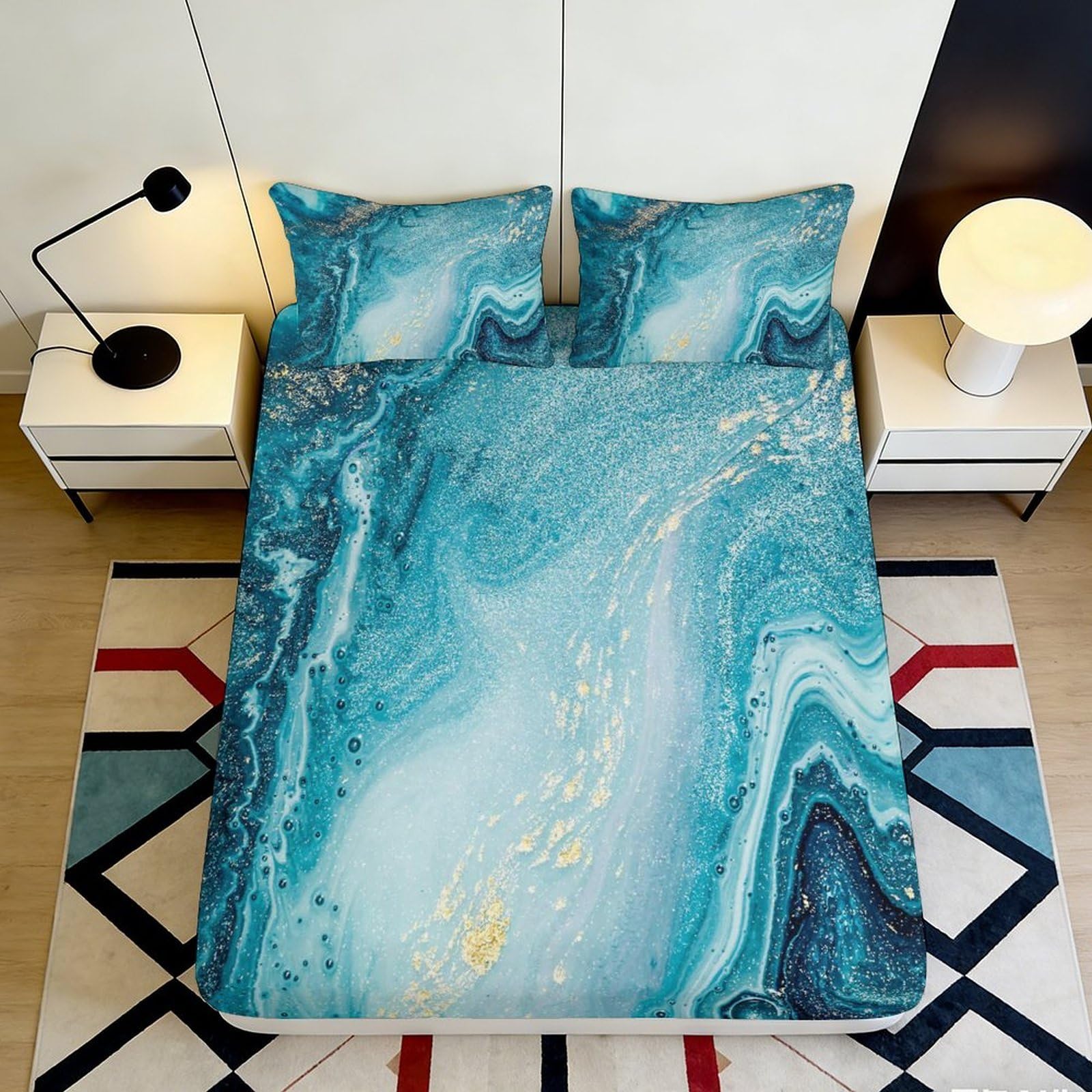 3D Printed Blue Marble Fitted Sheet Microfiber Soft Breathable Ocean Wave Bed Cover for Bedroom Dormitory Guest Room Mattress Protection Decor 120x200x25cm