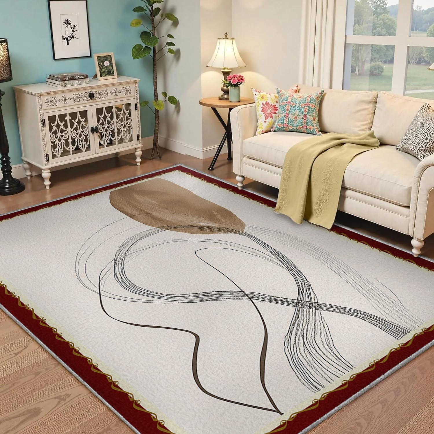 Tapis moderne abstrait lignes courbes crème format 60x90cm