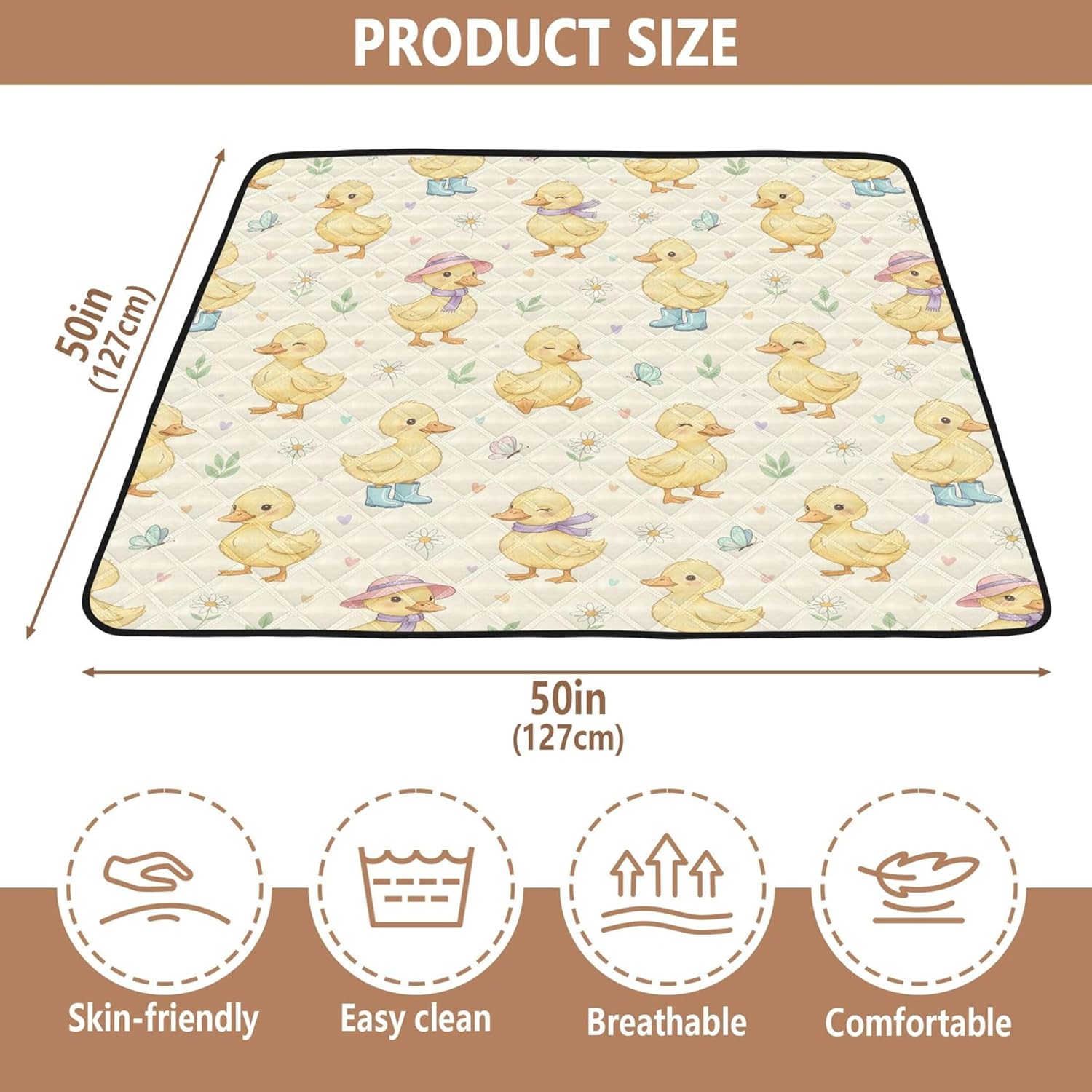 Burbuja Cartoon Duck Baby Play Mat for Floor 50x50 in, Foldable & Anti-Slip Baby Crawling Mat for Infants Toddlers Kids, Waterproof & Washable