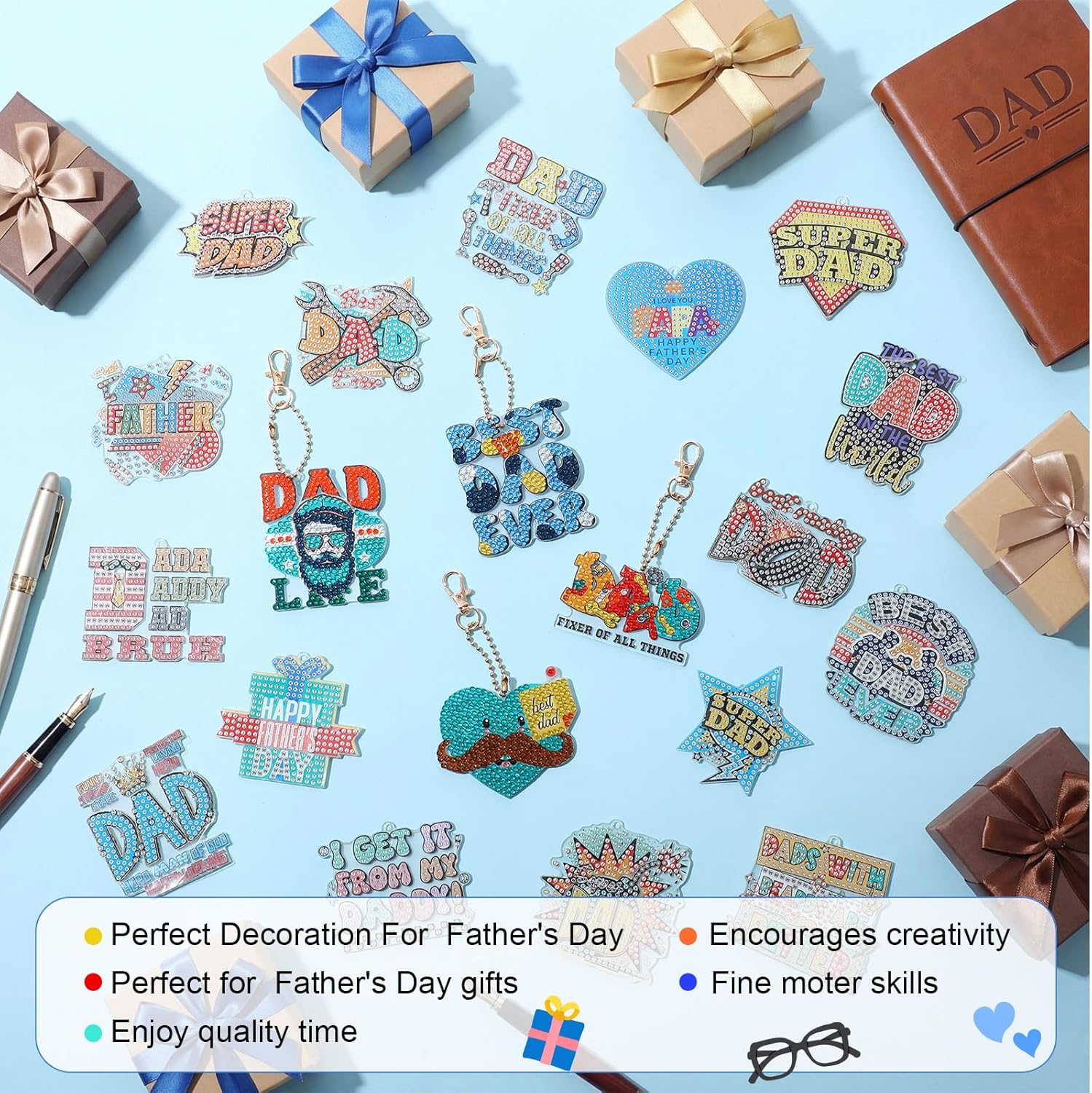 Huquary 24 Sets Father's Day Diamond Art Painting Keychains Kits 5D Dad Diamond Art Keyrings Charm Pendants for Adults Dad DIY Craft Gifts for Father's Day Daddy Birthday Party Favors Bags Decor
