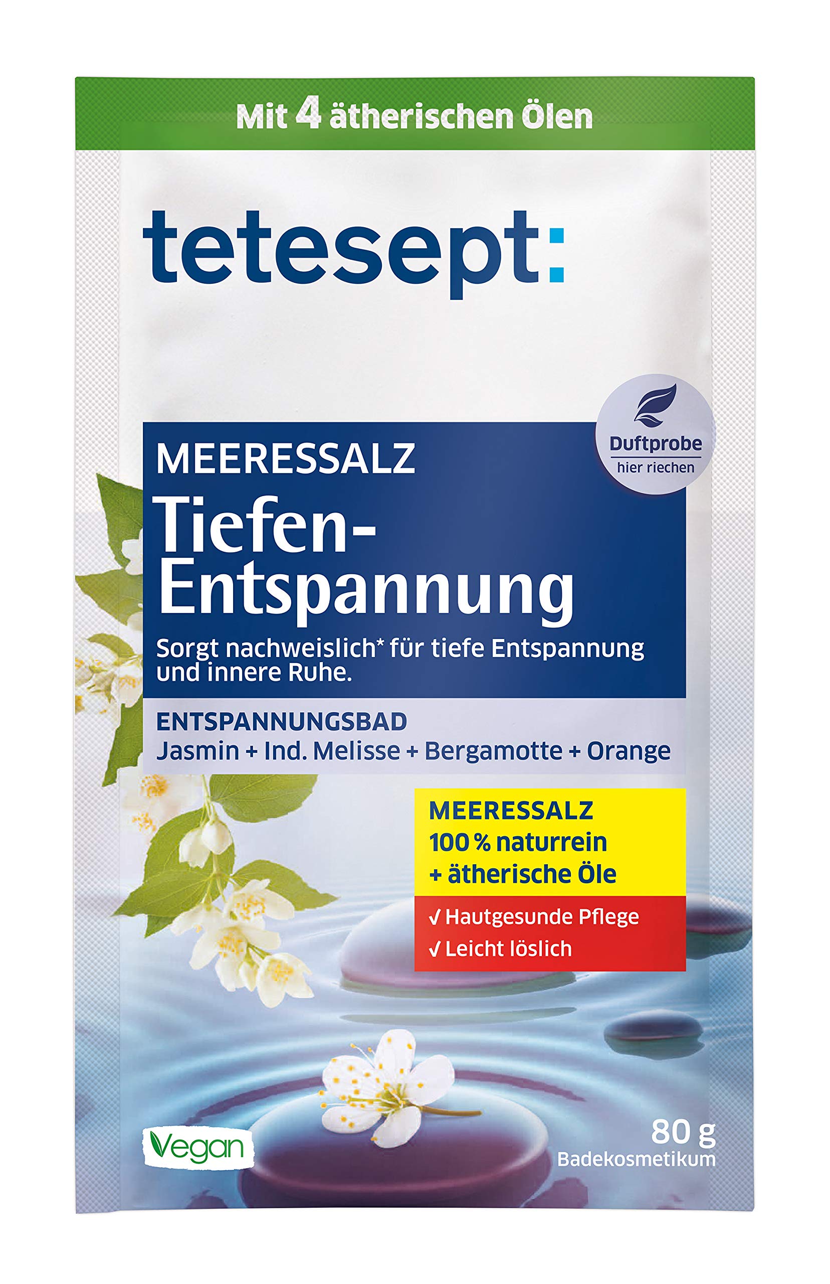tetesept Sea salt deep relaxation bath — health bath for a feeling of inner peace with 5 essential oils — soothing bath additive with natural sea salt — 10 x 80 g