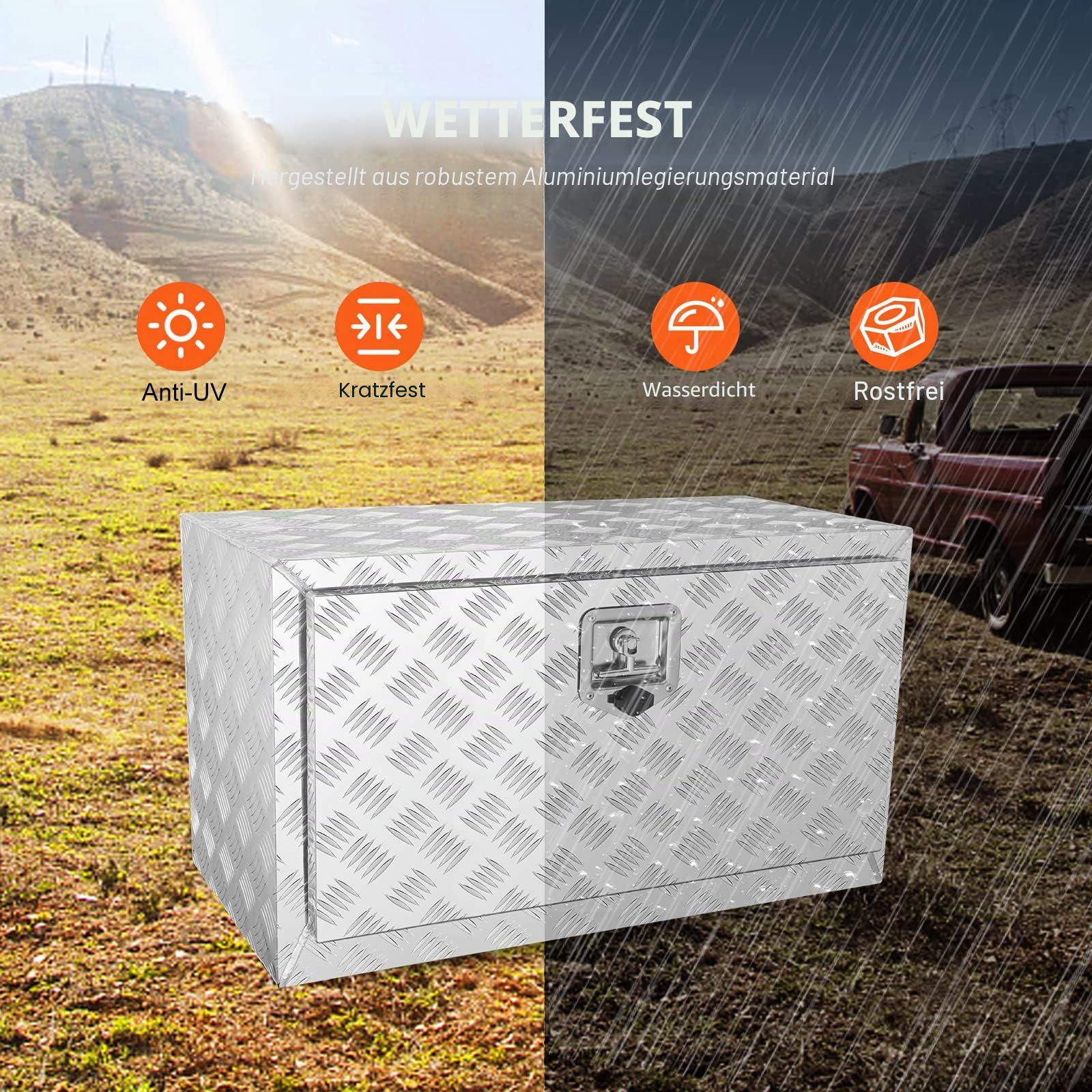 VEVOR Truckbox Werkzeugbox Anhängerbox Werkzeugkasten 760x355x405mm Pickup-Aufbewahrungsbox, Aluminium-Diamantplatten-Werkzeugkasten mit Schloss & Schlüsseln, wasserdichte Anhänger-Aufbewahrungsbox