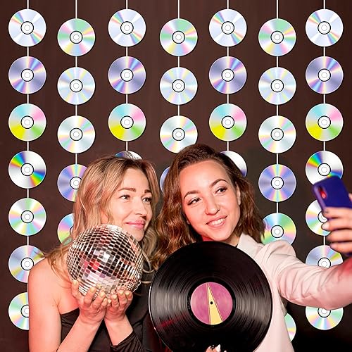 Miniatura 4 de 8 guirnaldas de CD de los años 90, decoraciones para fiestas de cumpleaños iridiscentes con temática de disco de CD para colgar, decoración retro de