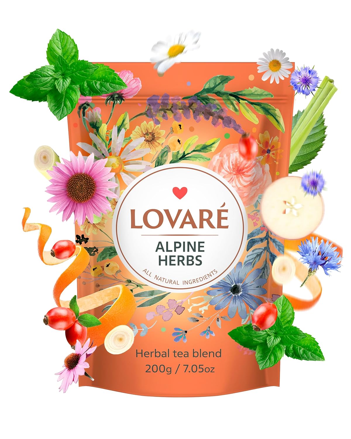 LOVARE Alpine Herbs Tea Pouch - Loose Leaf Tea 250 g - Made in Ukraine - Doypack with Lemongrass, Chamomile Flowers, Rose Hips, Orange, Blackberry, and More - Gift Box Sets
