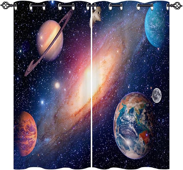ANHOPE Planet Curtains Eyelet Ring Top Thermal Insulated 80% Blackout Curtains with Space Galaxy Earth Print Pattern Window Drapes for Kids Boys Girls Bedroom Living Room 46 x 54 Inch Drop 2 Panels
