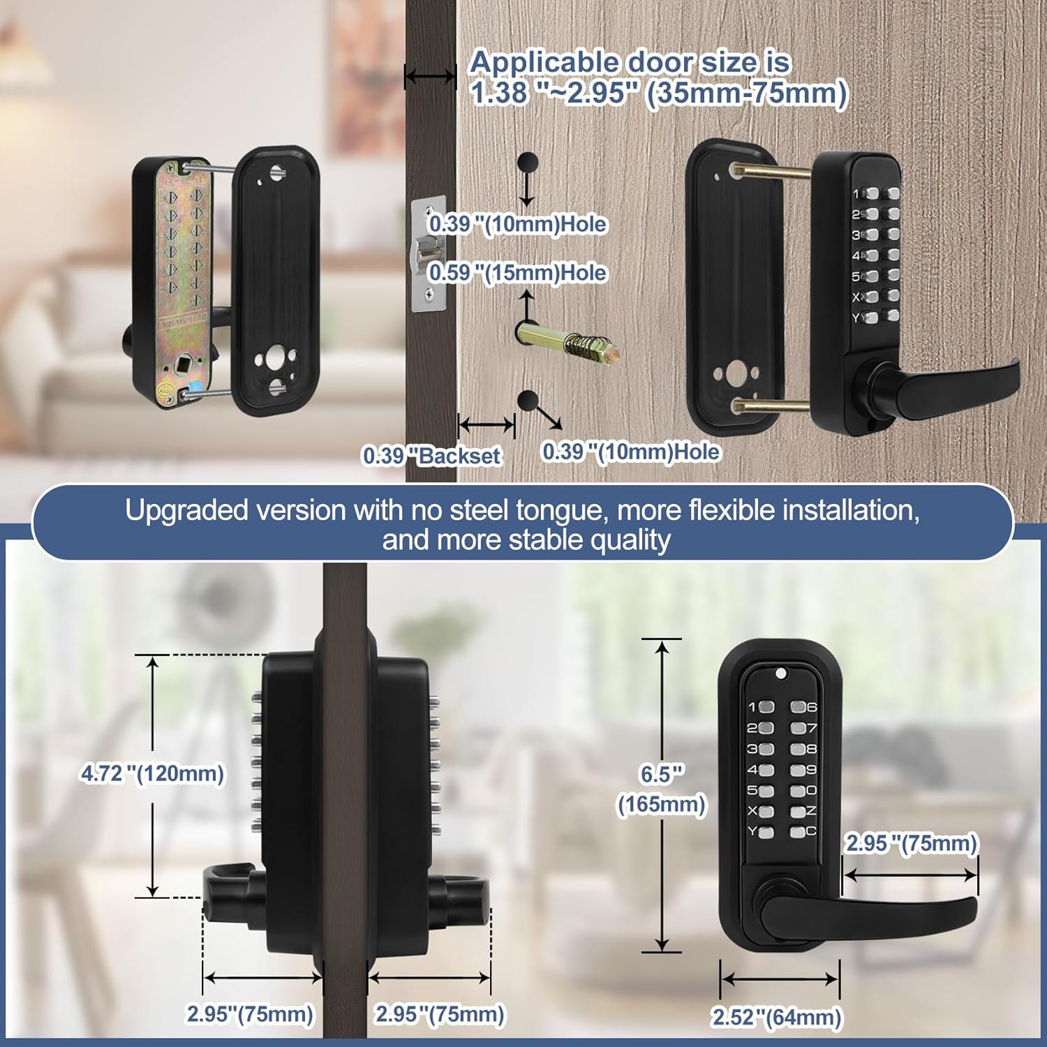 New Upgrade Double Sided Keyless Door Lock with Handle,Stainless Steel Waterproof Double Sided Keyless Door Lock (Black,with Large Cushion)