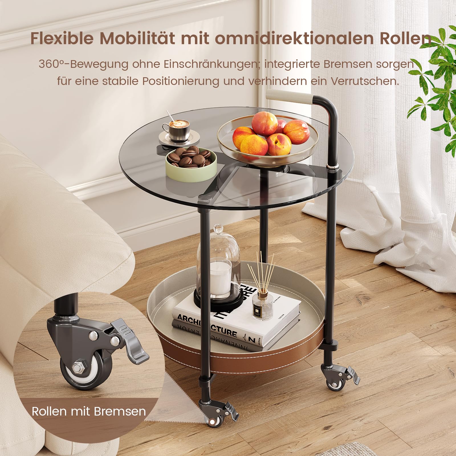 Guyii Beistelltisch mit Rollen, Runder Beistelltisch fürs Wohnzimmer, Mobiler Betttisch auf Rollen, Rolltisch Sofa Tisch, Couchtisch mit Ablage, Teewagen Beistelltische Modern (Stil B)