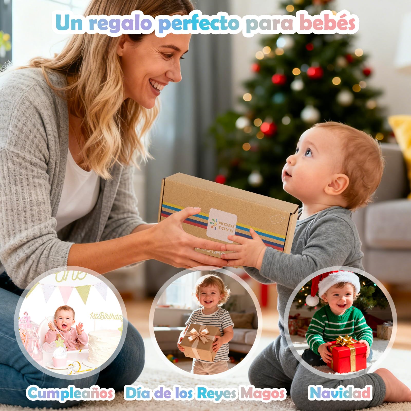 Sonajeros Bebé Montessori de Madera 7 Piezas – Juguetes Sensoriales 0+ con Palo de Lluvia y Sonajeros Variados – Regalo para Recién Nacidos