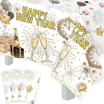 Fancy Land Happy New Year Tablecloths 3 Pack New Years Eve Party Supplies 2027 Gold & White Tablecloths for Rectangle Tables Happy New Year Decorations