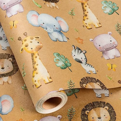 Burymento Papel de Regalo Kraft para Animales, Papel de Regalo con Diseño de Línea Auxiliar Cortada para Baby Shower, Cumpleaños, San Valentín, Día