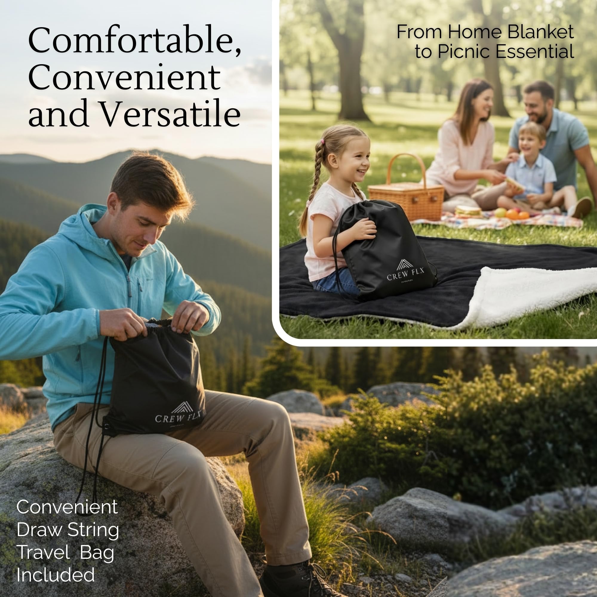 CREW FLX Waterproof Blanket for Bed Intimacy (80"x 60" Queen Size) Reversible Fleece | Sherpa, Love Blanket, Water Proof TPU Stain Proof Couch Furniture Mattress Winter Large Dog Bed Cover - Gray: Black Sherpa Fleece 80 x 60 inch