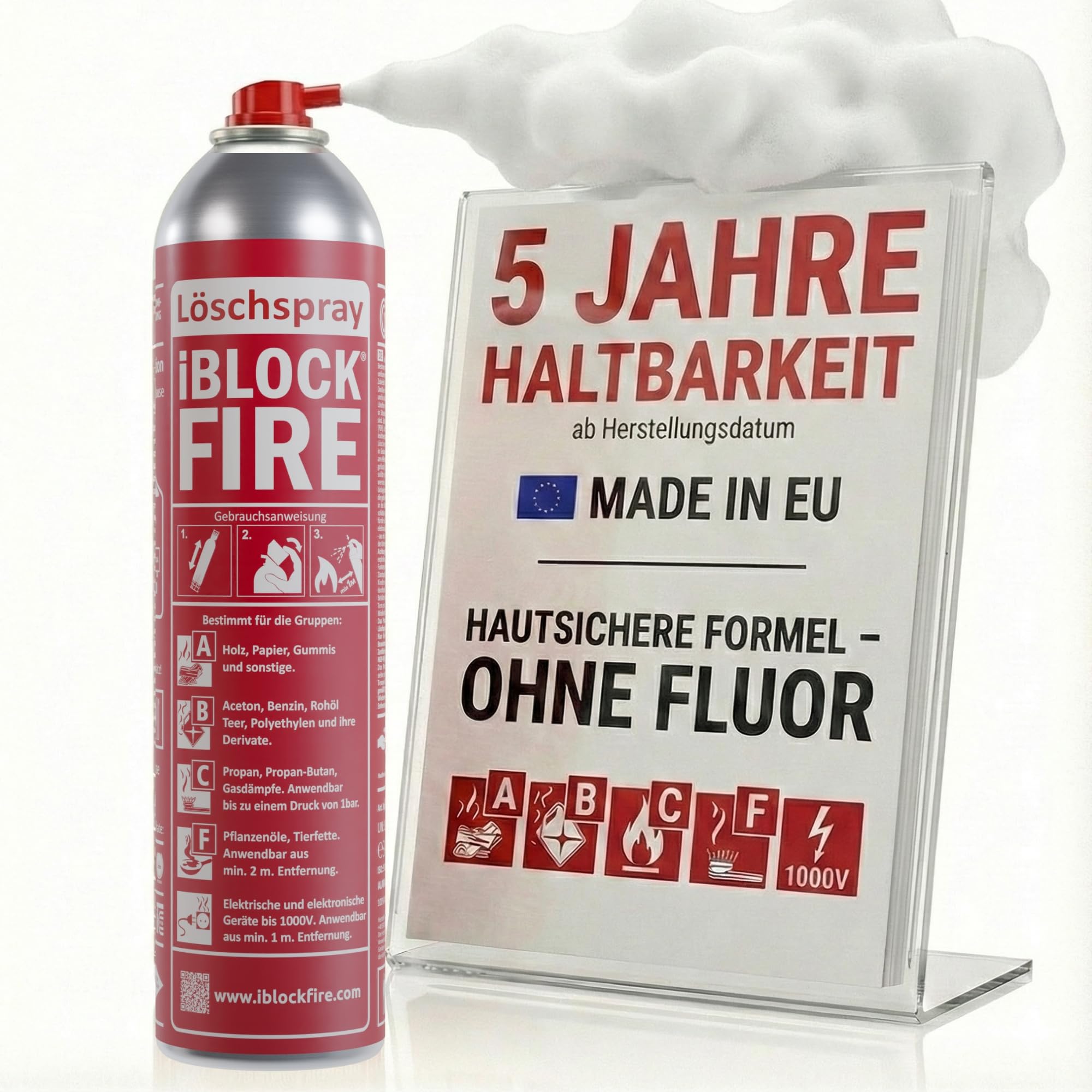 600ml Feuerlöschspray | iBlockFIRE Klein Feuerlöscher: Büro, Arbeitsplatz | Feuerlöscher Schaum-Gel von Feuer: A B C E F | Fettbrandlöscher, Brandschutzspray