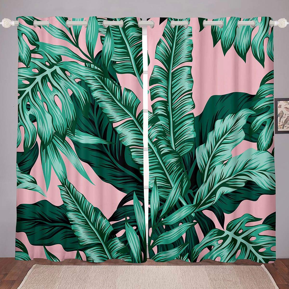 Homemissing Boys Multicolored 18 Tropical Leaves Window Treatments Botanical Leaf Branches Curtains Green Leaves Pink Window Drapes For Girls Kids Exotic Nature Window Curtain W66*L90