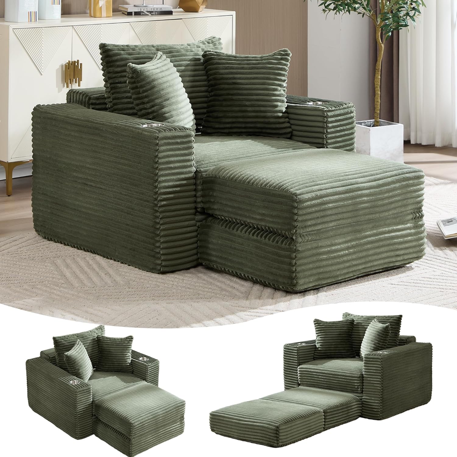 Boneless Chaise Lounge Chair Indoor, All-Foam Convertible Lounge Chair with No Frame, Wide Reclining Floor Lounger for Reading, Napping & Relaxation, No Assembly Needed (Green)