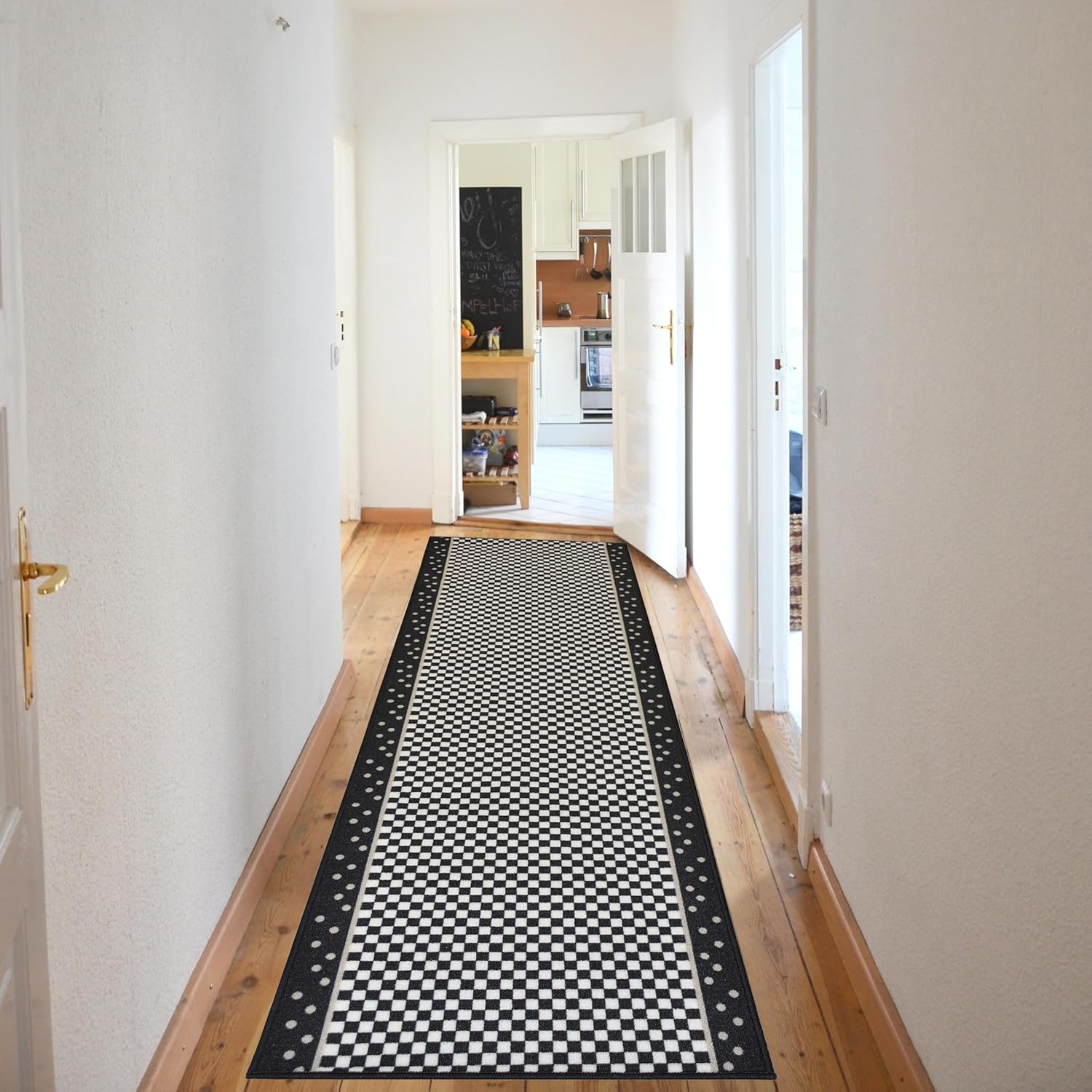Extra-Long Custom Length Slip-Resistant Runner Rug with Low Pile Absorbent, Stain-Resistant, and Washable. Perfect for Entryways, Hallways, Kitchen 31.5 in x 11 ft, Checkered
