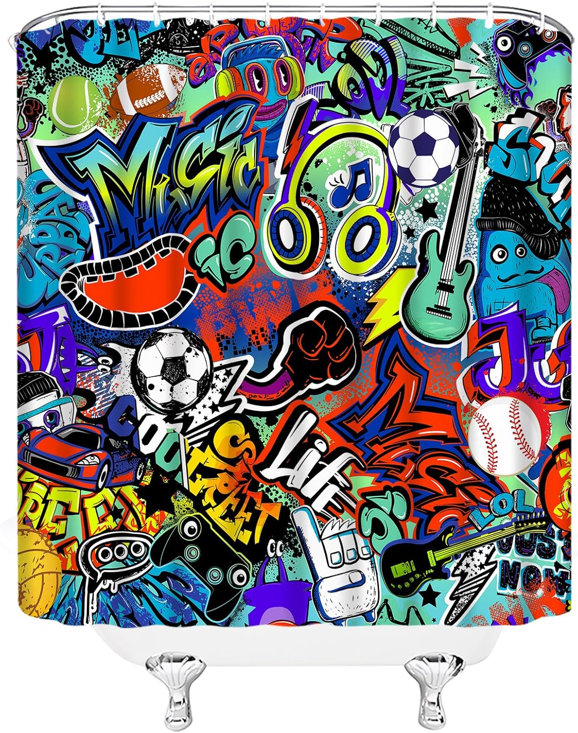 Colorful Graffiti Shower Curtain Modern Abstract Hiphop Youth Music Musical Street Spray Art Bathroom Fabric Decor Curtain with Hooks