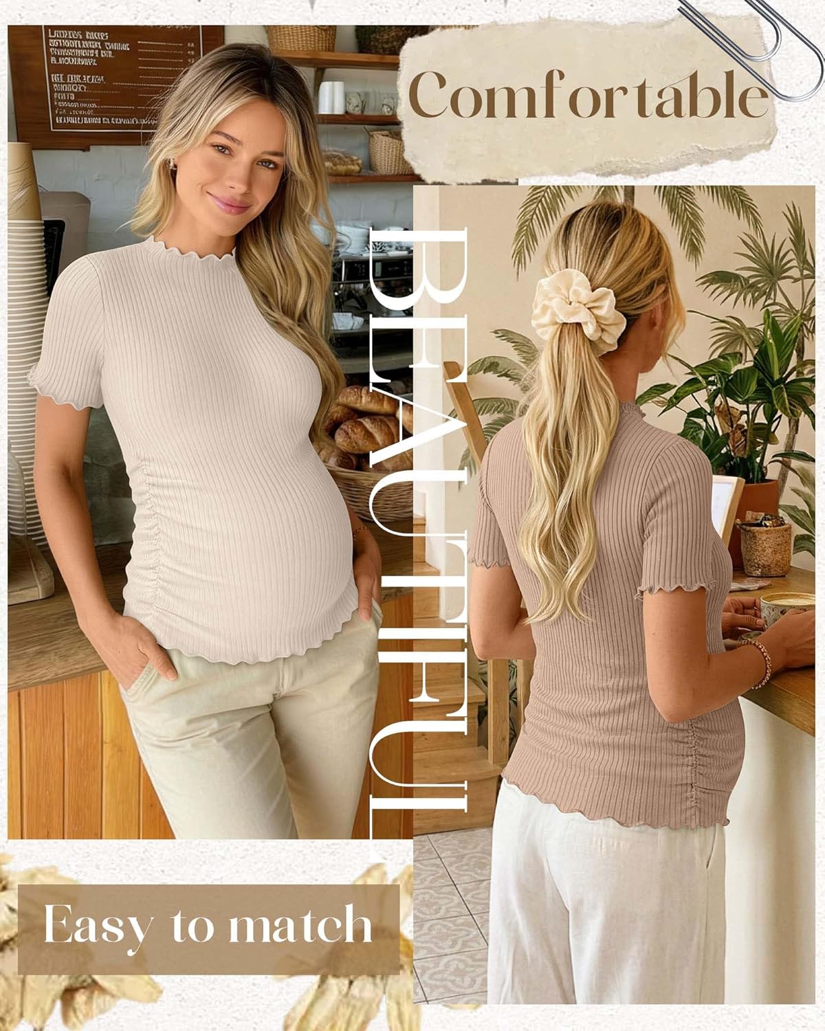 4 Pack Women's Maternity Shirt Short Sleeve Ribbed Knit Tunic Tops Crew Neck Pregnancy Side Ruched Casual Clothes