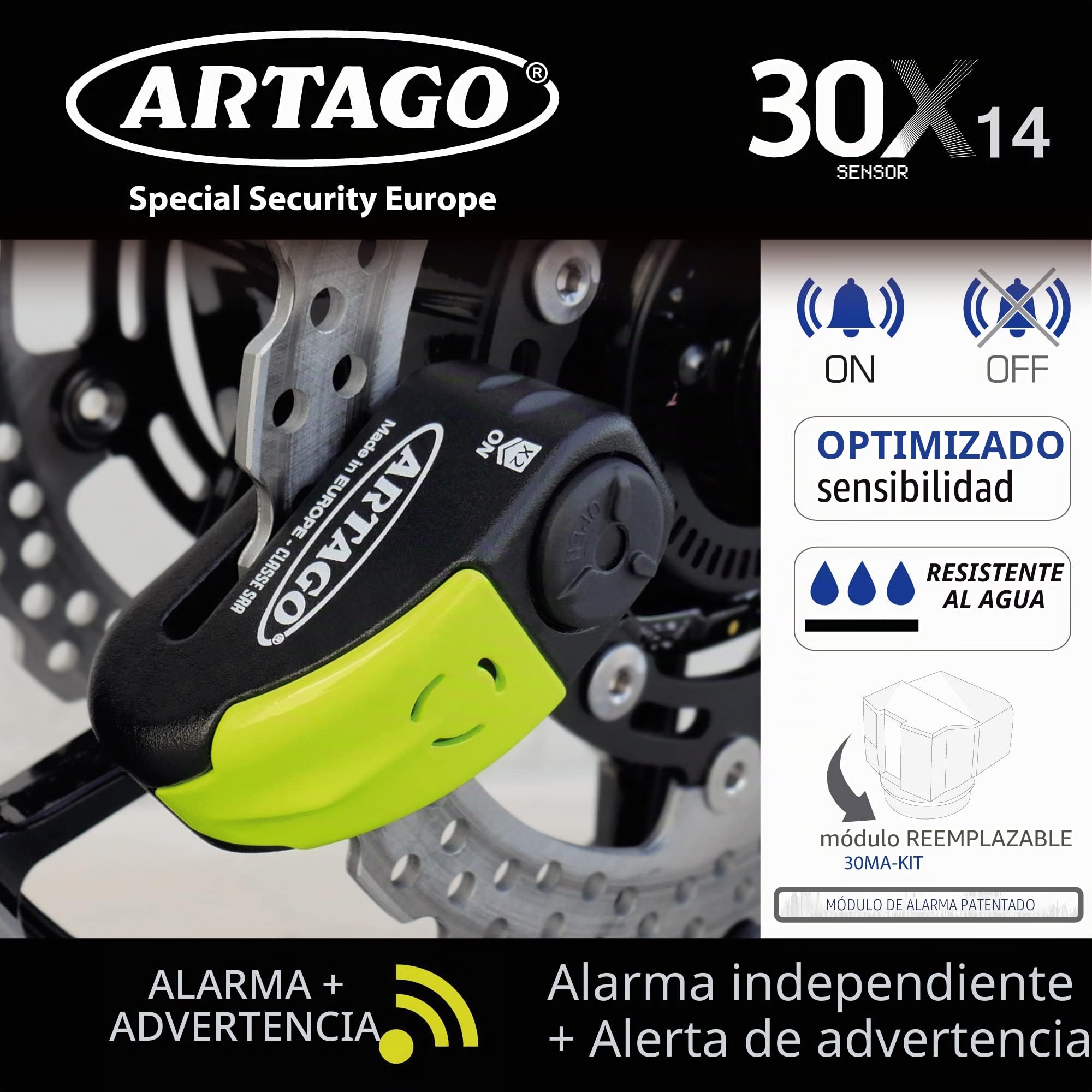 Artago 30X4 Pack Candado Antirrobo Disco con Alarma 120db Alta Seguridad + Soporte para Honda CRF 1000l Africa Twin, Homologado SRA y Sold Secure Gold