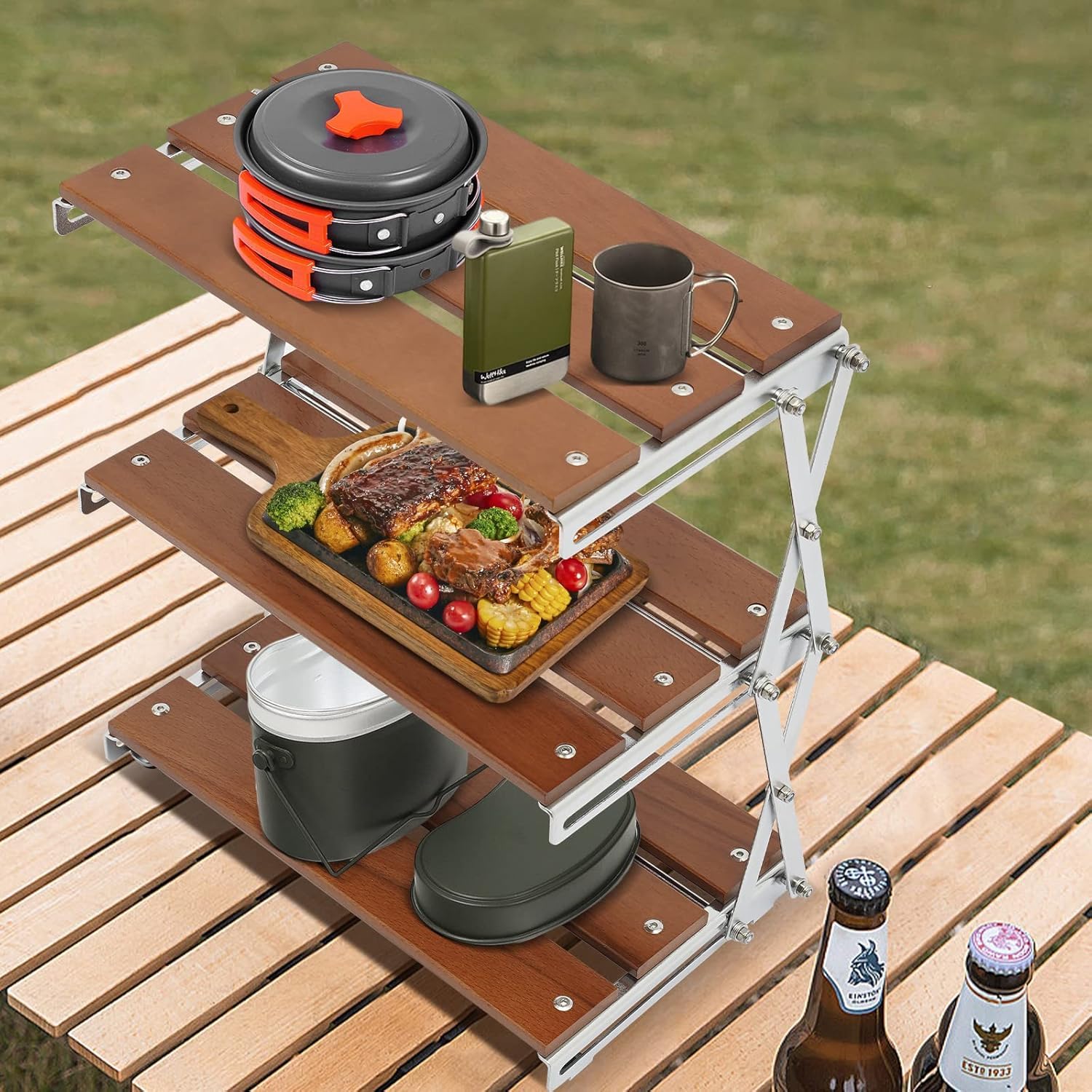 Seadra Crobat Mini Wood Shelf,Outdoor Camping Picnic Barbecue Three-Layer Storage Rack, Protable Folding, Multifunctional Picnic Home Storage Rack for Camping Outdoor/Indoor use 2