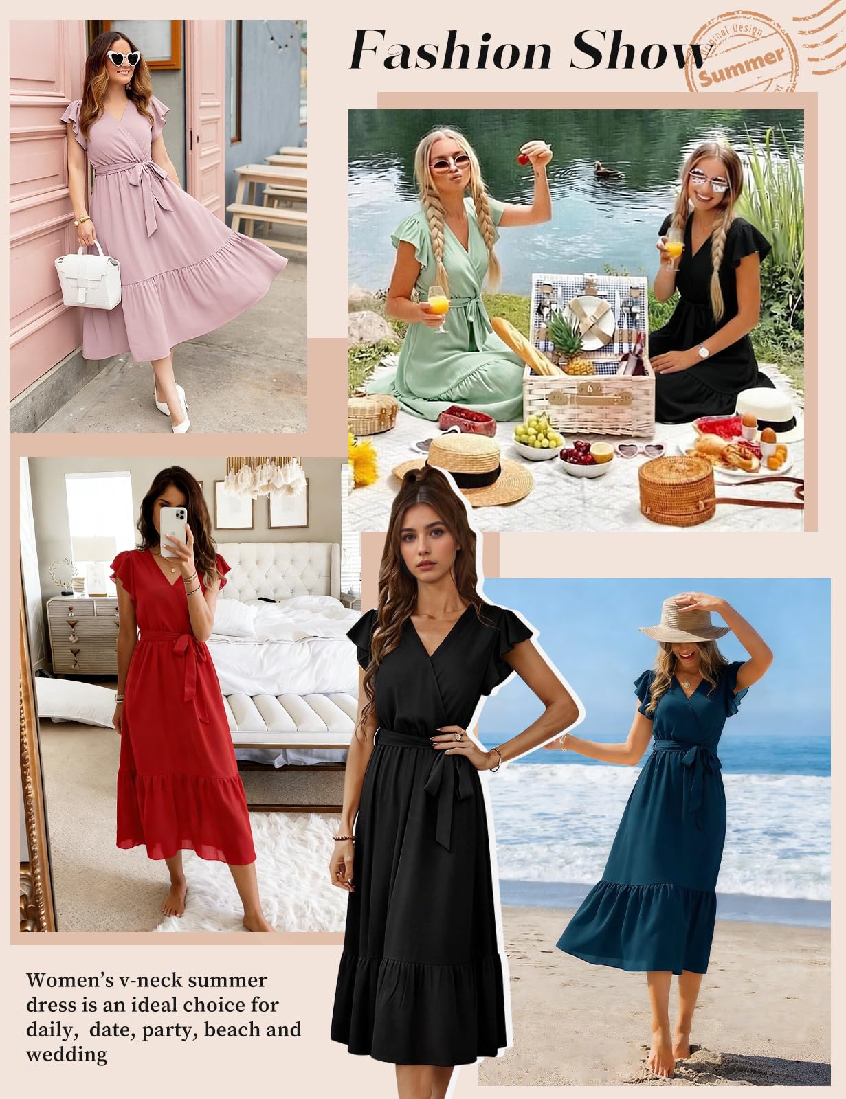 Sommerkleid Damen Maxikleid Casual V-Ausschnitt Rüschen Ärmeln Lang Kleid Sommer Elegant Hohe Taille A Linie Freizeitkleid Knielang Boho Strandkleid mit Gürtel