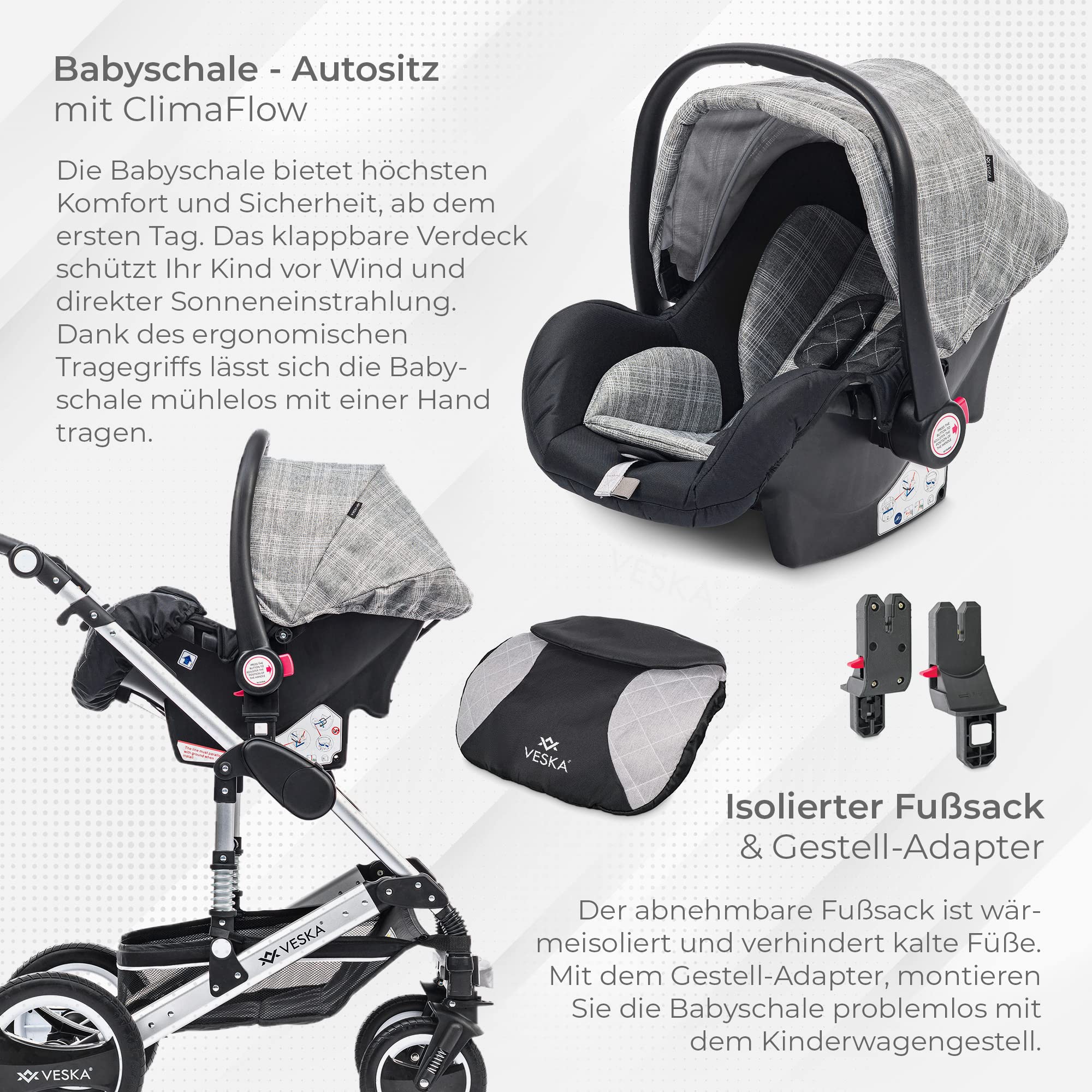 3 in 1 Kombi-Kinderwagen inkl. Babyschale, Buggy, Jogger mit Wickeltasche, Moskitonetz, Regencover, Spieltisch, Autoschale Fußsack, QuickFold, Aluminiumrahmen (Silber - anthrazit/grau)