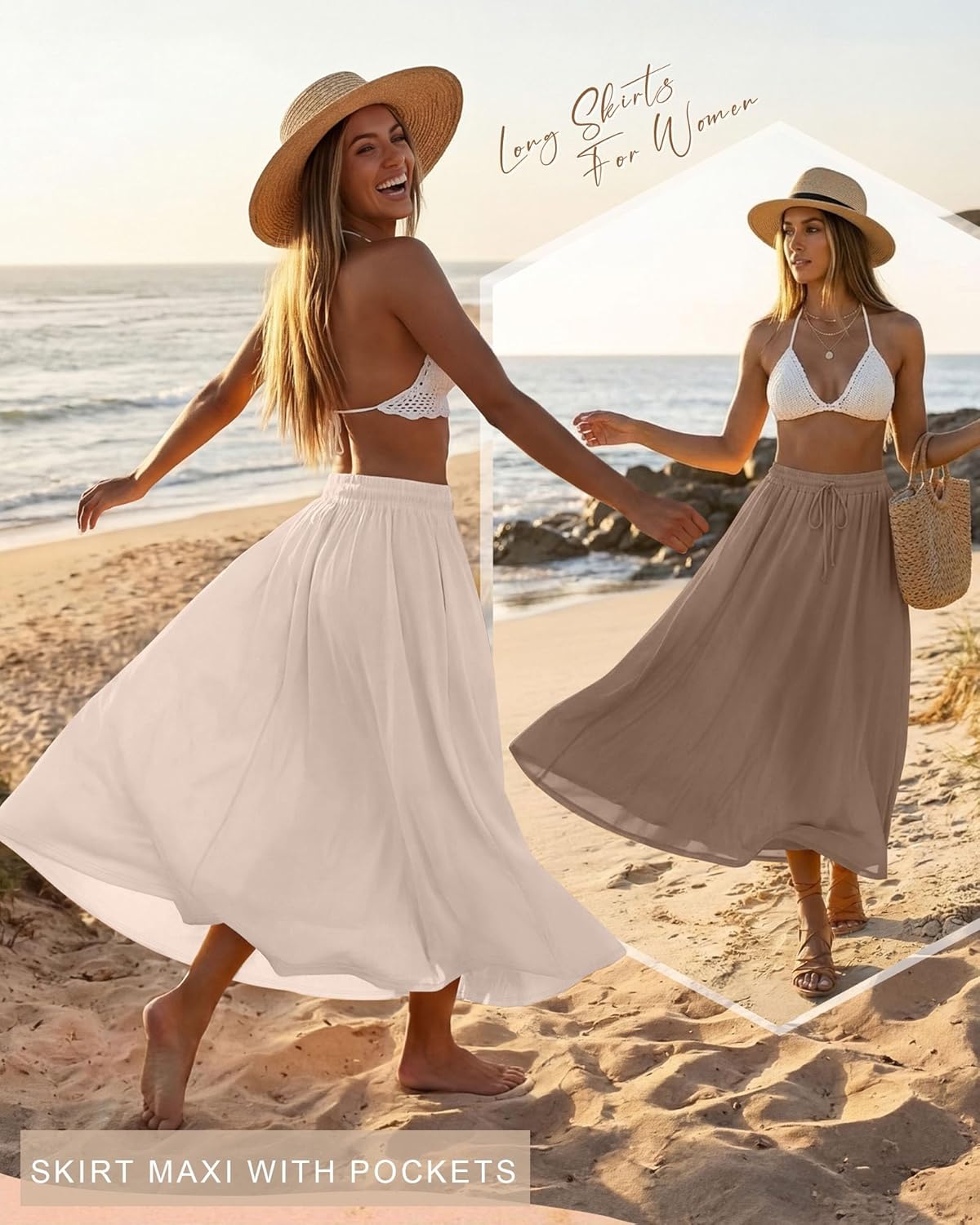 Ficerd 3 Pack Women's Maxi Long Skirts, Ankle Length a Line Elastic High Waist Summer Casual Drawstring Skirts with Pockets - Image 3