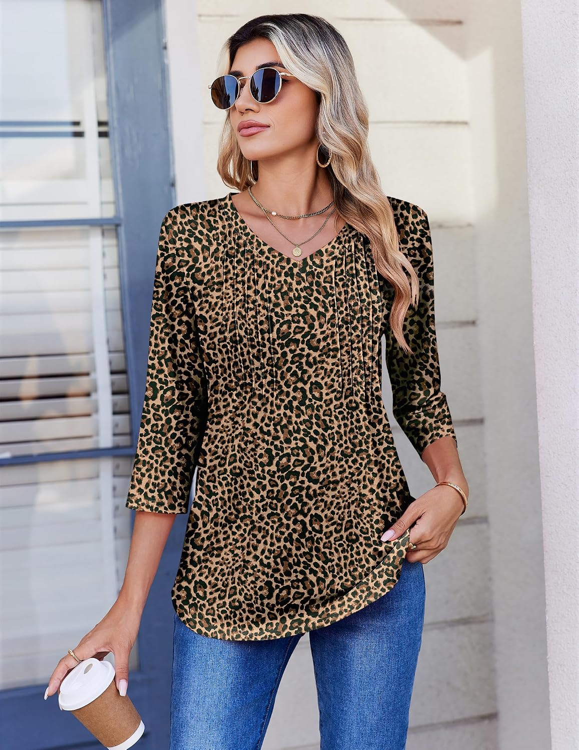 Zeagoo 3/4 Length Sleeve Womens Tops V Neck Pleated Boho Floral Blouses image 3