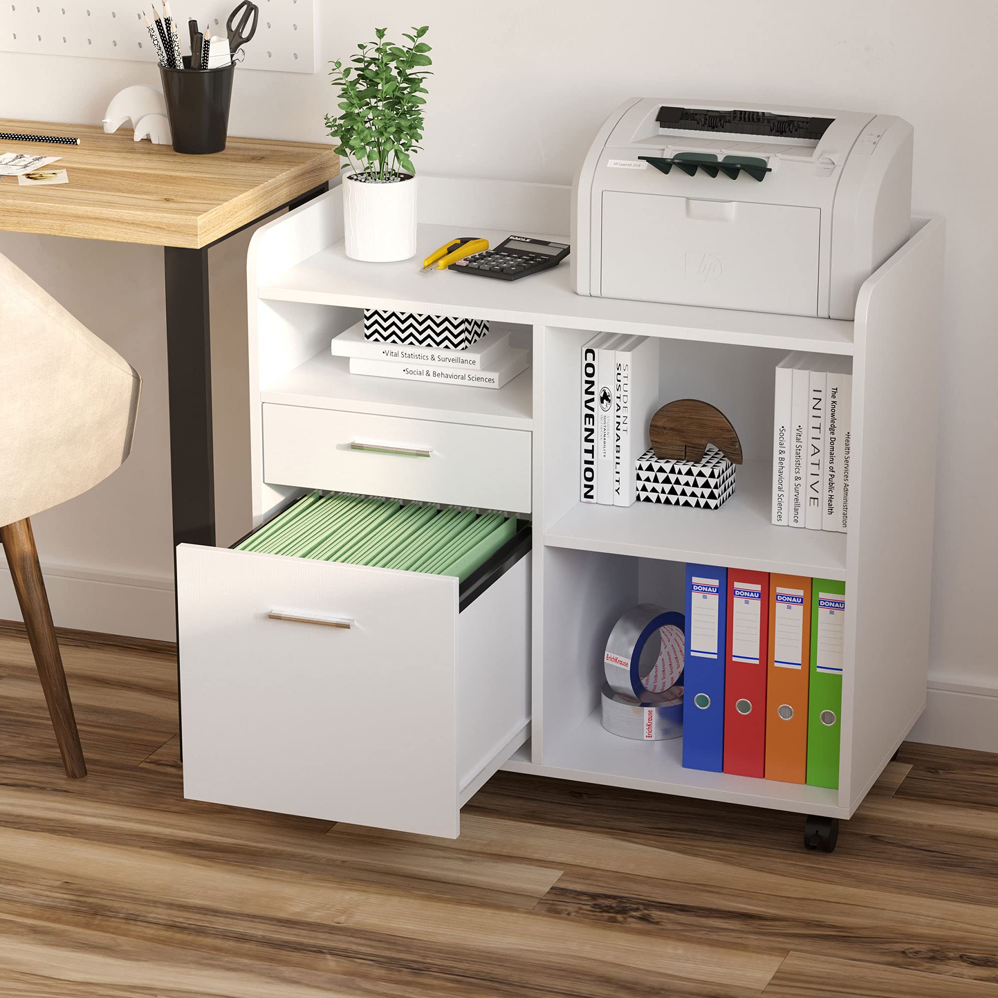 Vinsetto Mueble de Impresora Carro Multifuncional de Oficina con 3 Compartimentos 2 Cajones para Archivos Estante Ajustable Ruedas con 2 Frenos 80x40x72 cm Roble