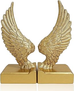 Desklens Vintage Gold Bookends with Angel Wings Decor, Home Decor for Book Shelf Table & Desks,1 Pair/2 Piece for Men Women