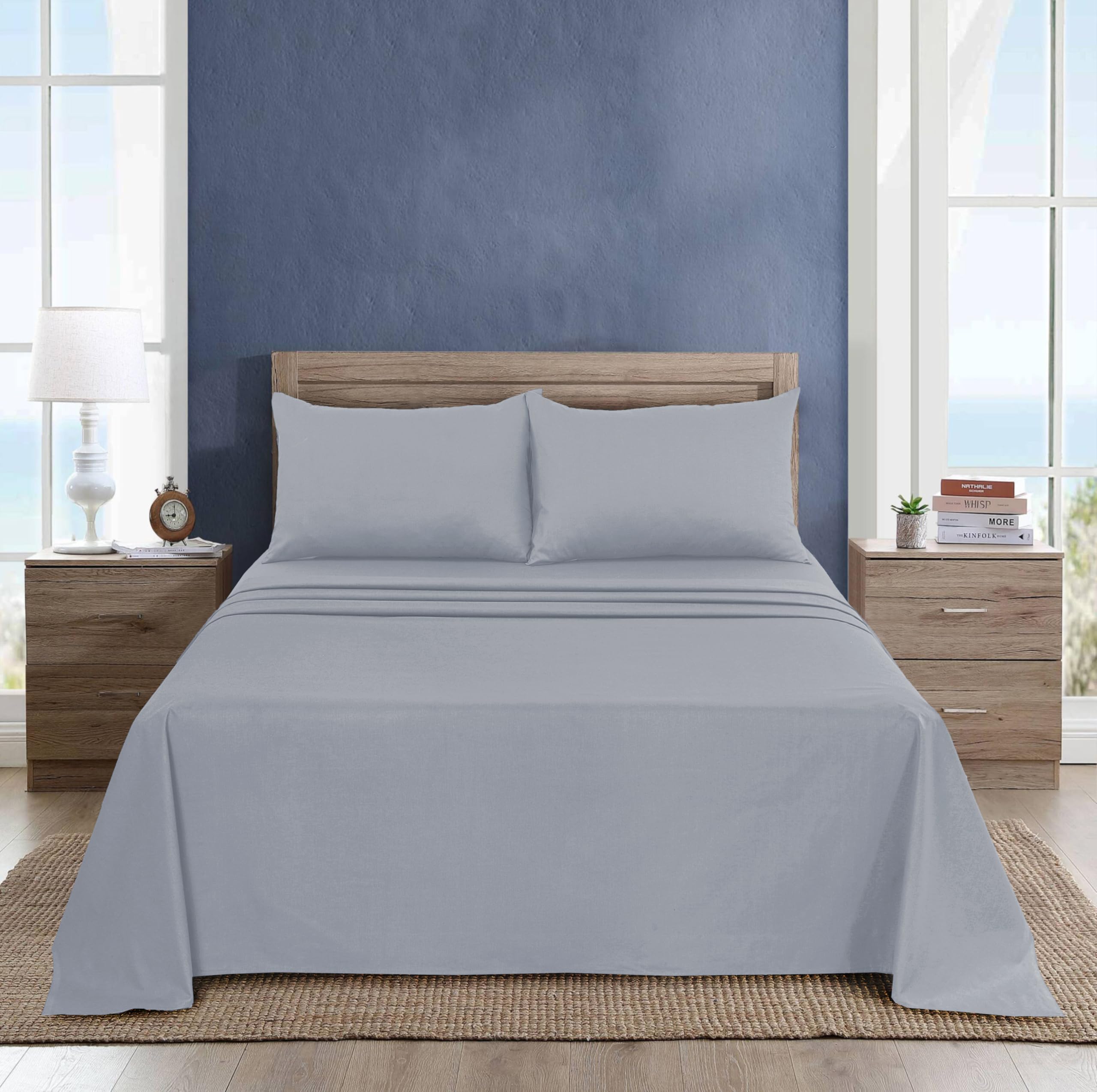 WEAVERS: 3 Pcs Luxury Poly Cotton Flat Sheet Set with Pillowcase Pair - Enduring Quality, All-Weather Comfort - Easy to Clean Bedding for Home or Hospitality Use. (Colour Silver, Size Single)