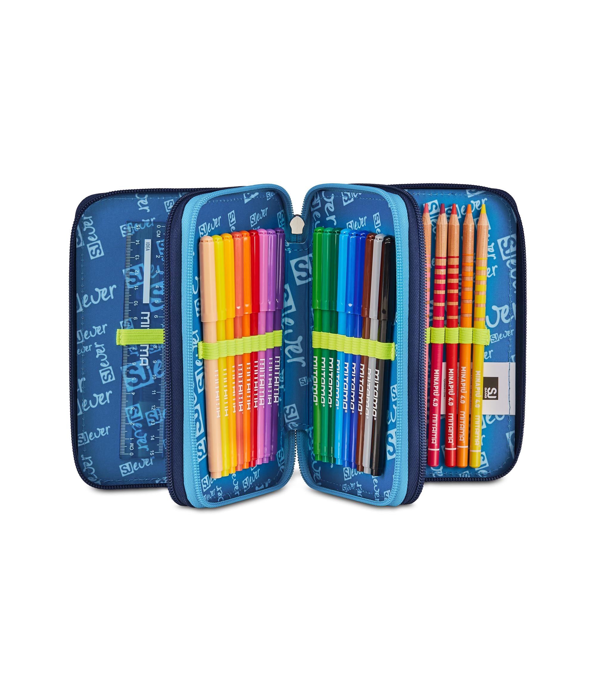 SJ GANG STYLE JAM GANG Schulmäppchen mit 3 Reißverschlüssen, Blau, Federmäppchen, Dreifachfach mit Stiften, Bleistiften, Farben, Zubehör Rucksack, Grundschulen, Kinder, blau, Modern