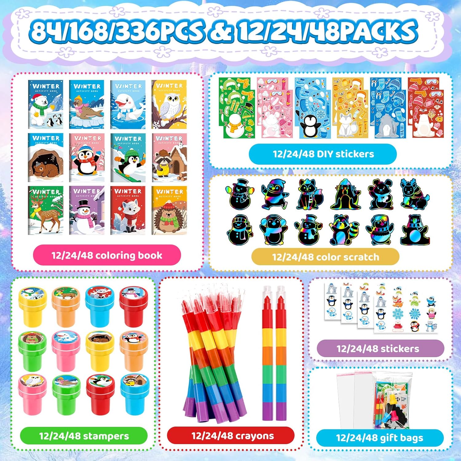 BenLouis Winter Party Favors Set Holiday Themed Coloring Book Classroom Gift Prizes Bulk for Students Kids Christmas Frozen Birthday Goodie Bag Stuffers Pinata Filler (24Set Animals)
