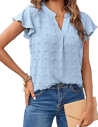 MEROKEETY Women 2024 Summer V Neck Ruffle Short Sleeve Blouse Swiss Dot Flowy Shirt Tunic Top