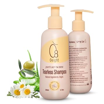 Oeight Tearless Baby Shampoo & Body Wash 2-in-1, Tear-Free | Hypoallergenic & Dermatologically Tested, 100% Natural with Chamomile, SLS & Paraben Free, Fragrance Free, Sensitive Skin & Scalp, 200 ml