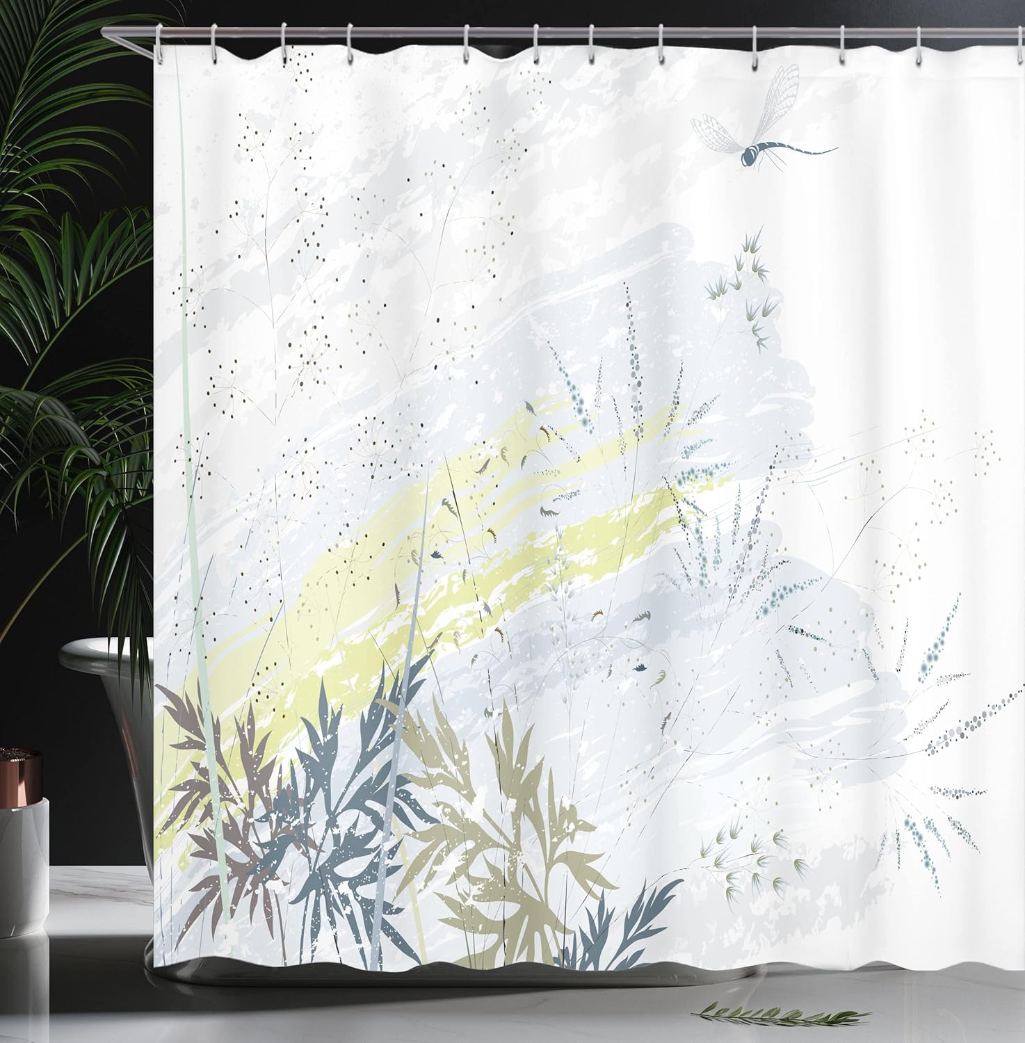 Ambesonne Dragonfly Shower Curtain, Wild Herb Grass Field Distressed Background with Dragonflies Lifestyle Graphic, Cloth Fabric Bathroom Decor Set with Hooks, 69" W x 70" L, Green Grey