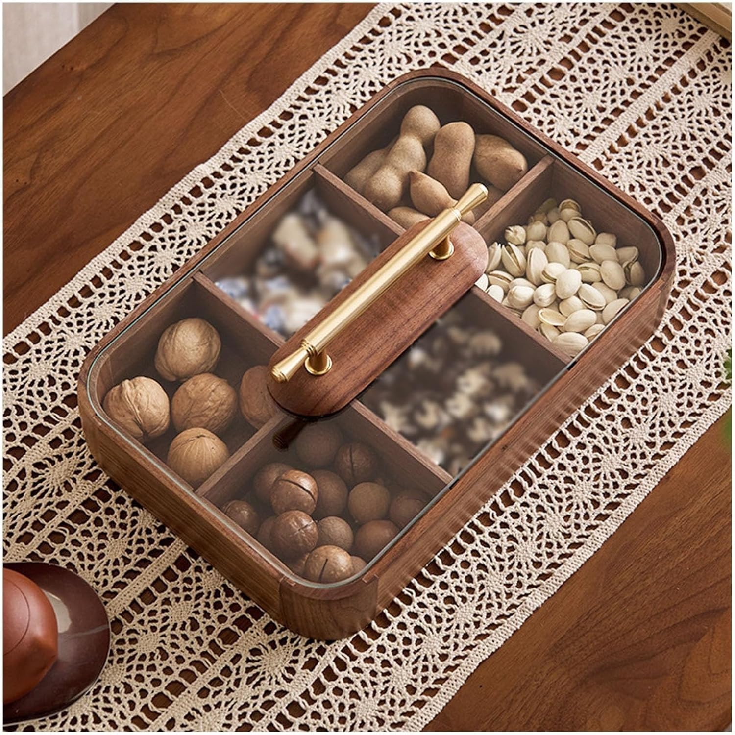 Vassoio per snack in legno con coperchio, vassoio da portata diviso per snack, organizer per alimenti fatto a mano per patatine, verdure, noci e dolci, vassoio da scrivania per soggiorno da 30 x 30 cm