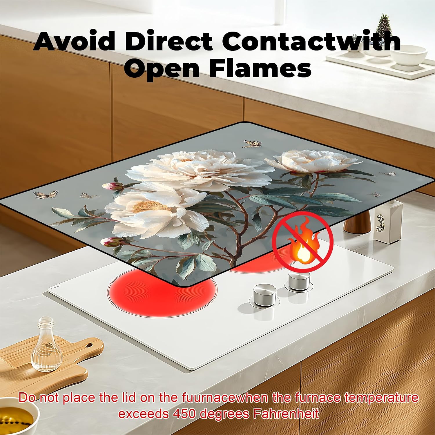Heat-Resistant Glass Stove Top Cover with Anti-Slip Rubber Coating – 28.5x20.5 Inch Electric Stove Protector, Scratch-Resistant, Expands Counter Space (White flowers, 28.5"L x 20.5"W)