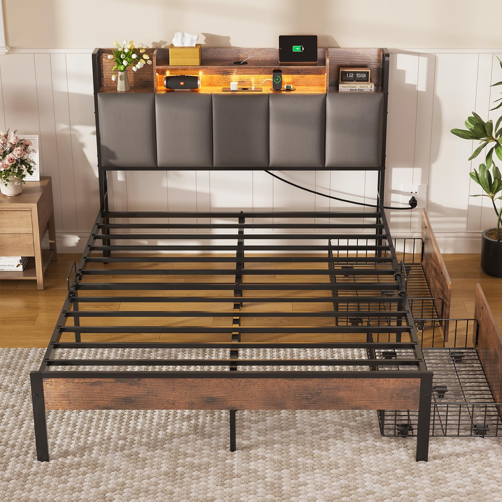 ODK Bett 140x200, Bettgestell mit 2 Schubladen, Betten 140x200 mit Stauraum, Kopfteil mit LED Beleuchtung & (Steckdose/USB), Metall Doppelbett