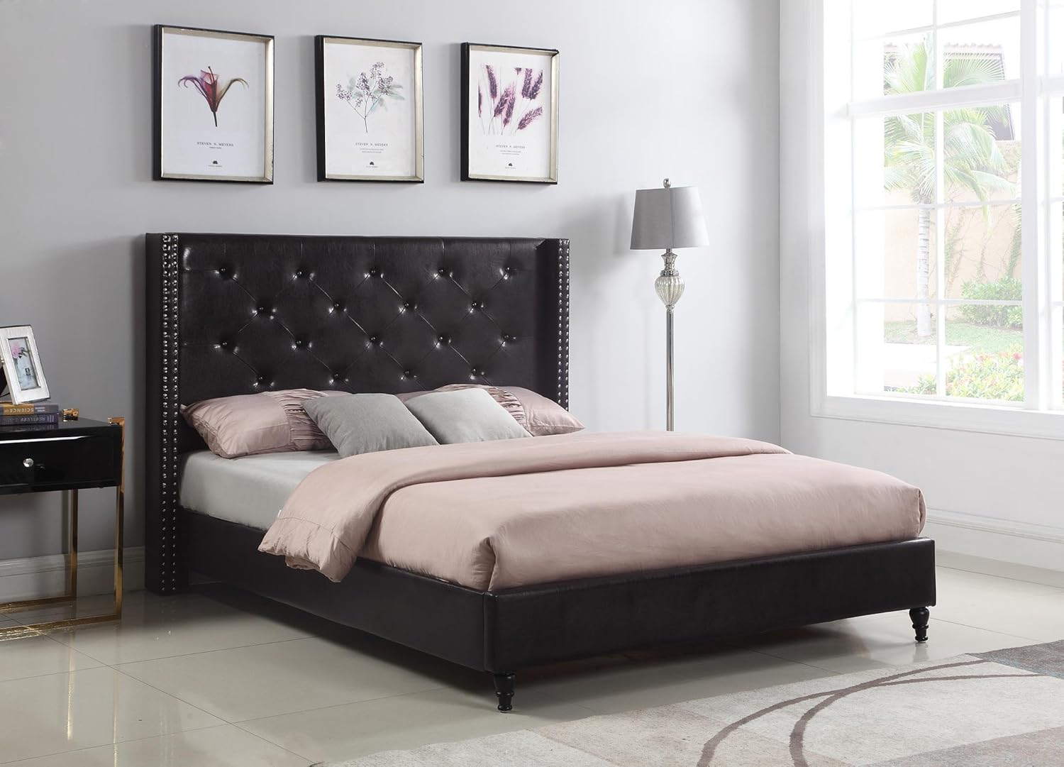 Home Life Premiere Classics Leather Dark Brown Tufted with Nails Leather 51" Tall Headboard Platform Bed with Slats Full - Complete Bed 5 Year Warranty Included 007, furBed00007_Leather_Brown_Full