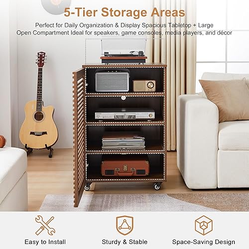 Miniatura 4 de LEVNARY Gabinete multimedia AV de 5 niveles con puerta de rejilla y estantes ajustables, moderno estante estéreo de madera con gestión de cables y