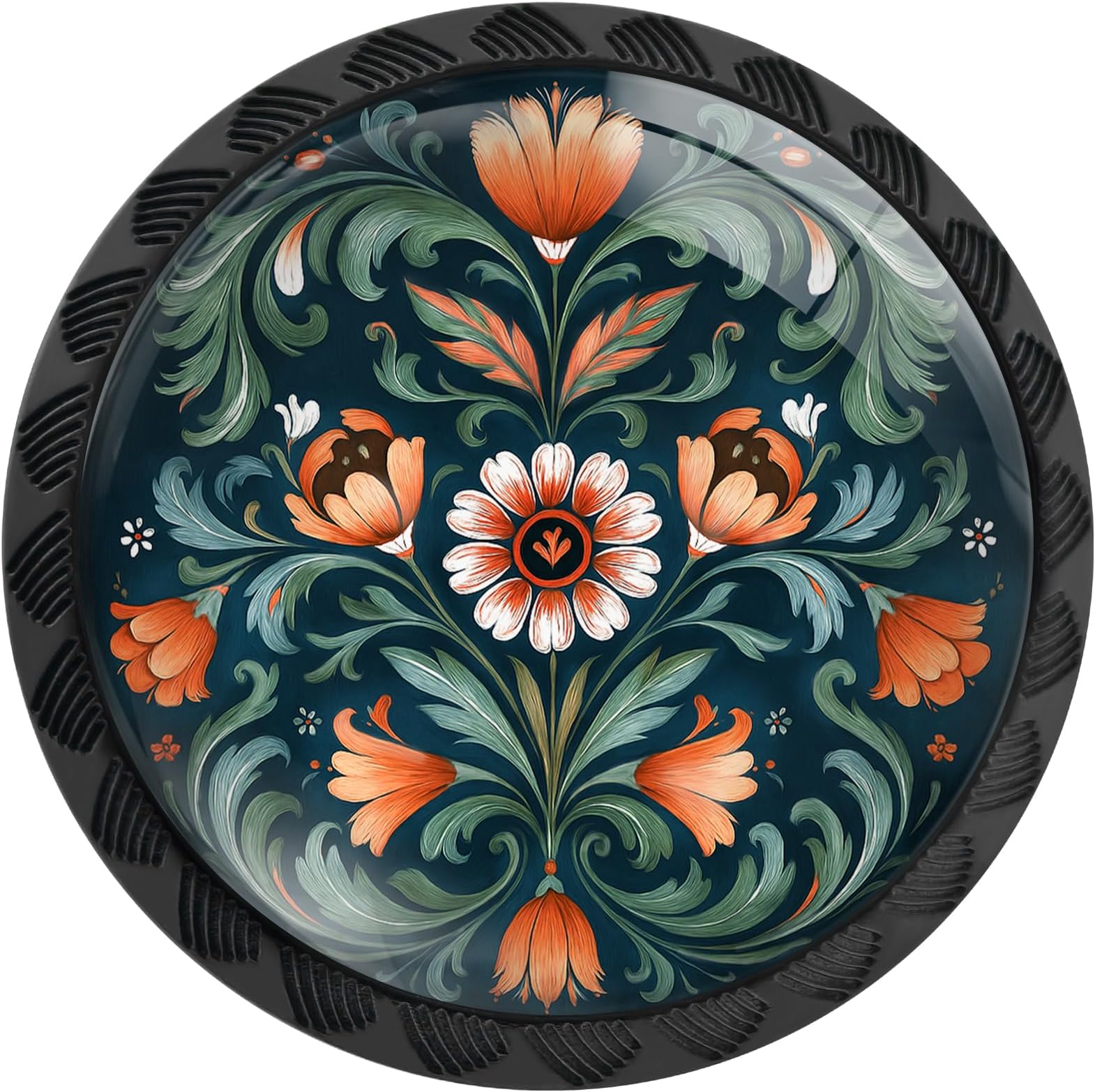 – 4 Pack Norwegian Rosemaling Folk Style Green Flower Cabinet Knobs Round Drawer Pulls Black Dresser Knob Cupboard Door Handles Hardware for Kitchen Bathroom Cabinets